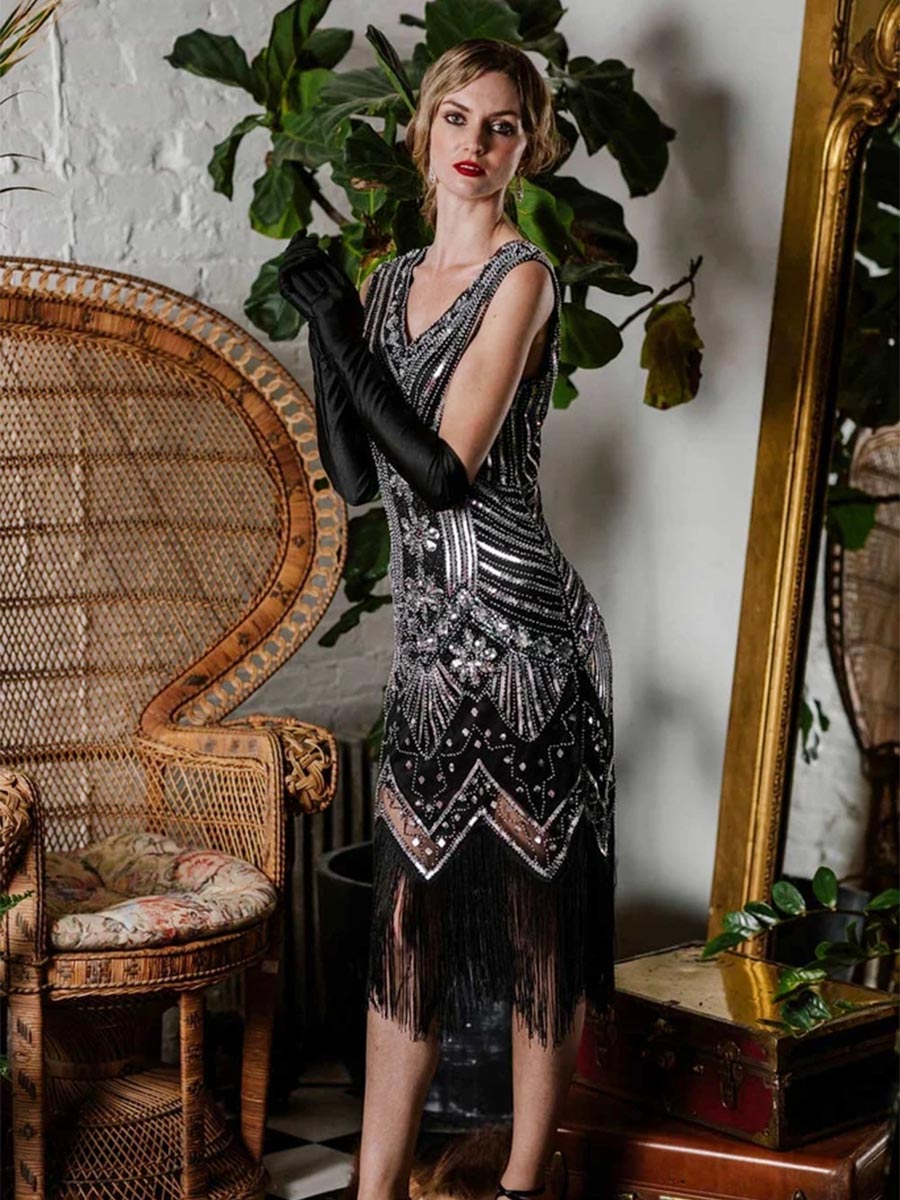 1920s Dress V-neck Sleeveless Sequined Fringed Dress