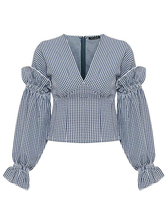 Womens Top Sexy V-neck Plaid Ruffled Puff Sleeve Blouse