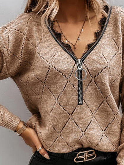 Women's Sweaters Casual Zipper Lace V-Neck Sweater