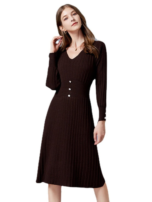 Women's Sweater Dress V-neck Long Sleeve A-line Midi Knitted Dresses