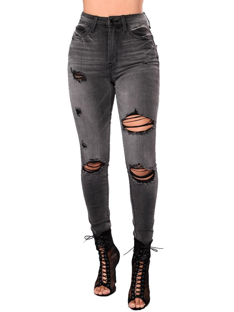 Womens Retro Smoke Grey Fashion Destroyed Ripped Skinny Fit Jeans