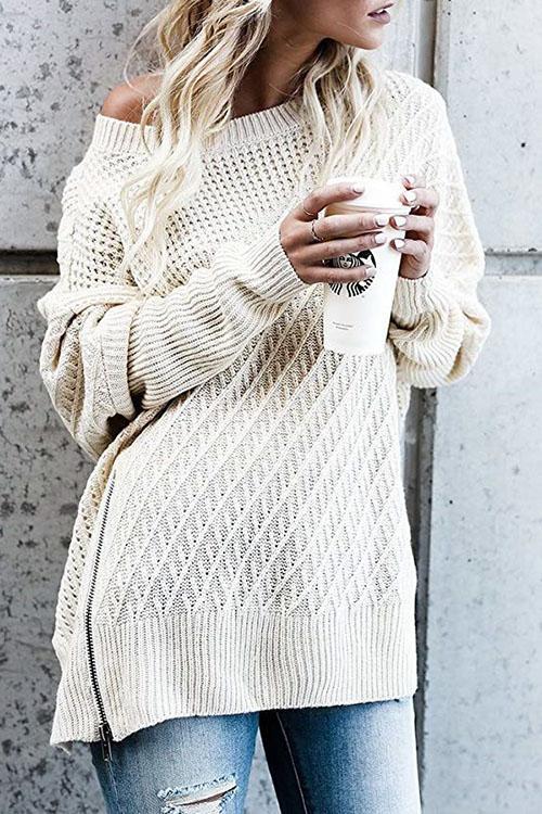 Zip Bat Sleeve Off-the-shoulder Sweater