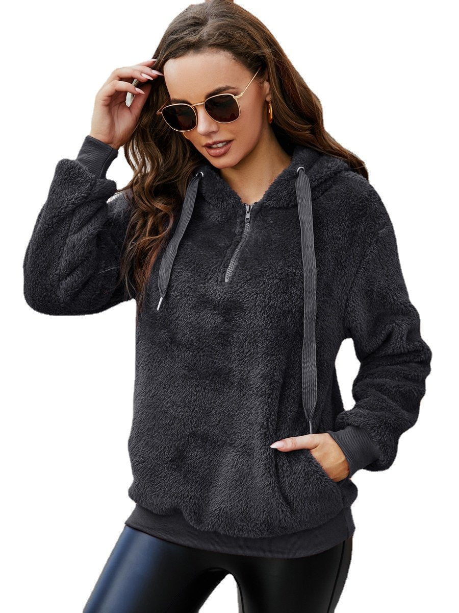 Women's Wool Coat Solid Color Zipper Pockets Hooded Teddy Bear Coat