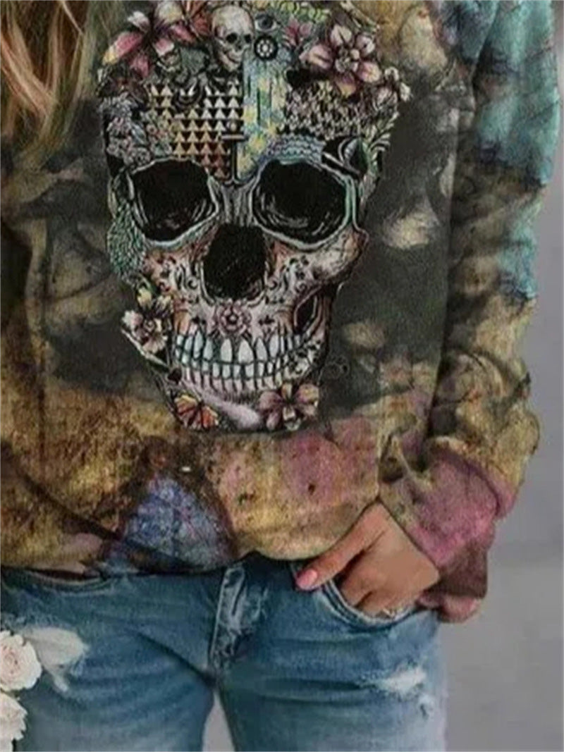 Women's T-Shirts Skull Print Round Neck Long Sleeve T-Shirt