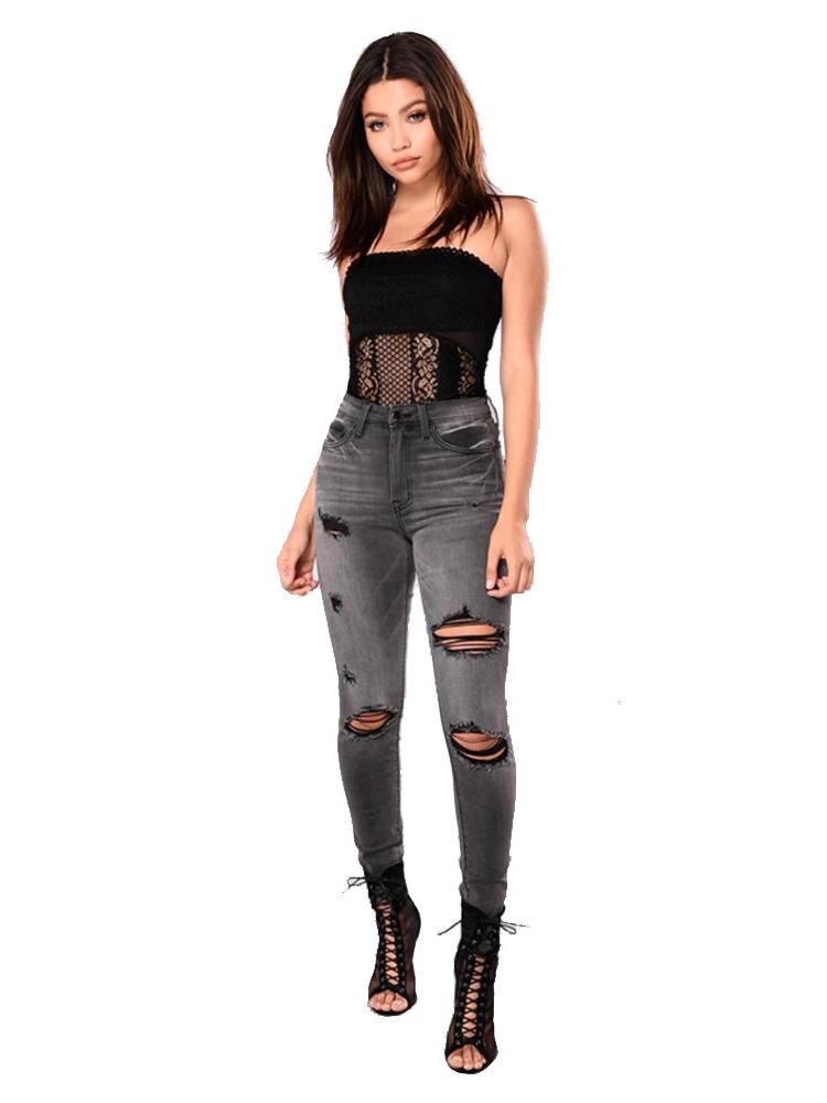 Womens Retro Smoke Grey Fashion Destroyed Ripped Skinny Fit Jeans