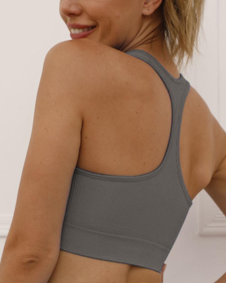 Zip Up Front Ribbed Racer Back Sports Bra