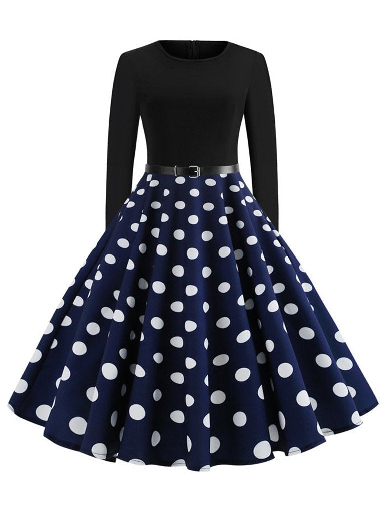 Womens Polka Dot Dress Long Sleeve Vintage Dress With Belt