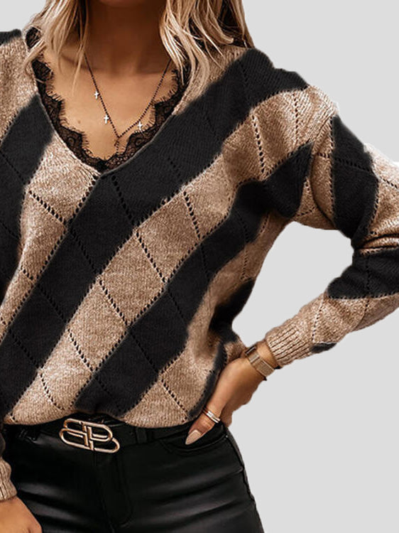 Women's Sweaters Colorblock Lace V-Neck Long Sleeve Sweater