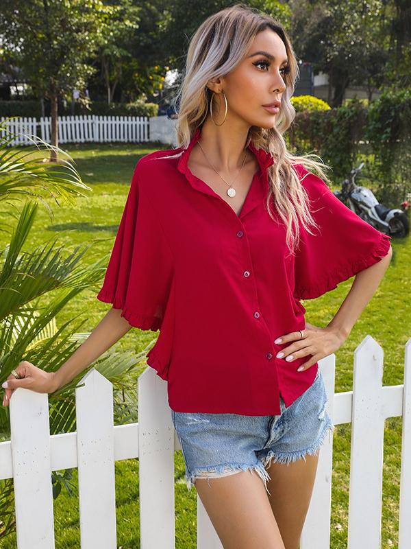 Women's Solid Color Ruffle Short Sleeve Shirt