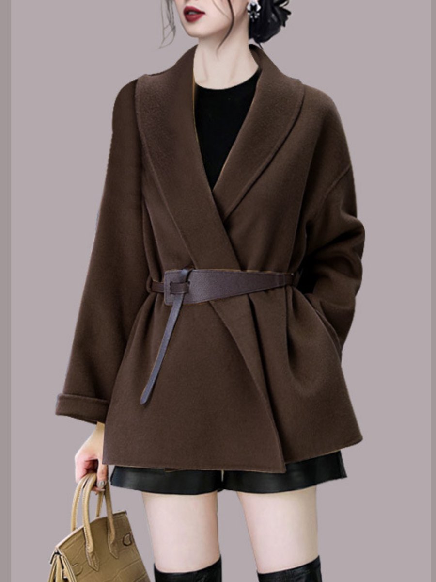 Women's Winter Coats Cross V-neck Long Sleeve Belt Casual Woolen Jackets