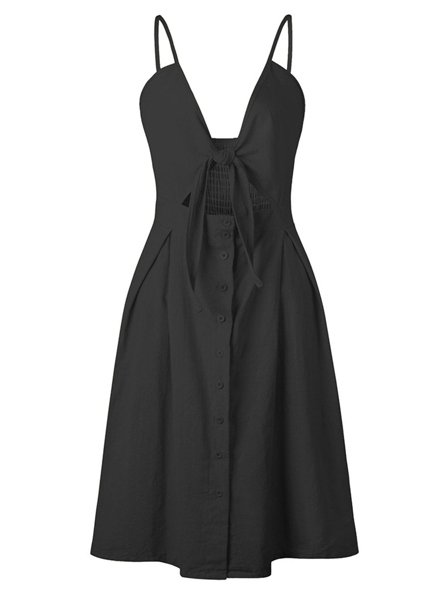 Womens V-Neck Dress Button Bow Decor Casual Dress