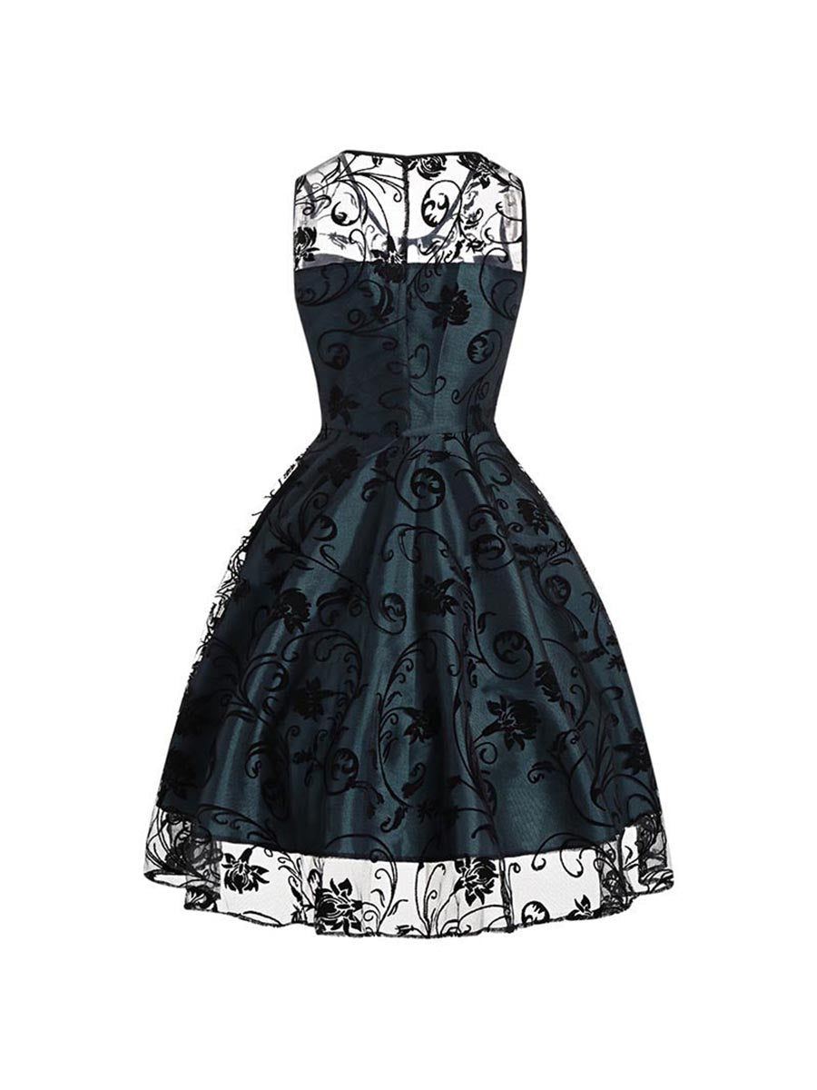 1950s Style Sleeveless Swing Dress Lace Flower Print A-line Dress