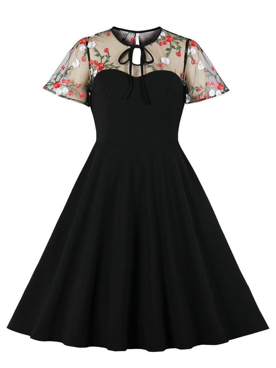 Women's Swing Dresses Polka Dots Embroidery Keyhole Tie Vintage Cocktail Dress