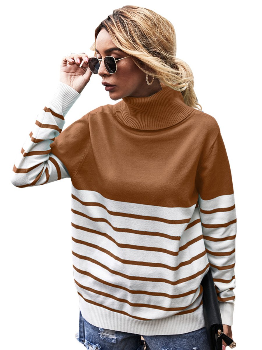 Women's Turtleneck Sweaters Strap Long Sleeve Loose Knitted Pullover Sweaters