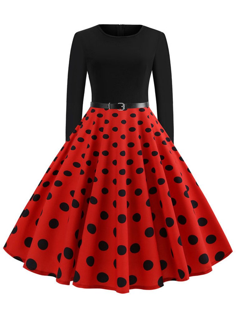 Womens Polka Dot Dress Long Sleeve Vintage Dress With Belt