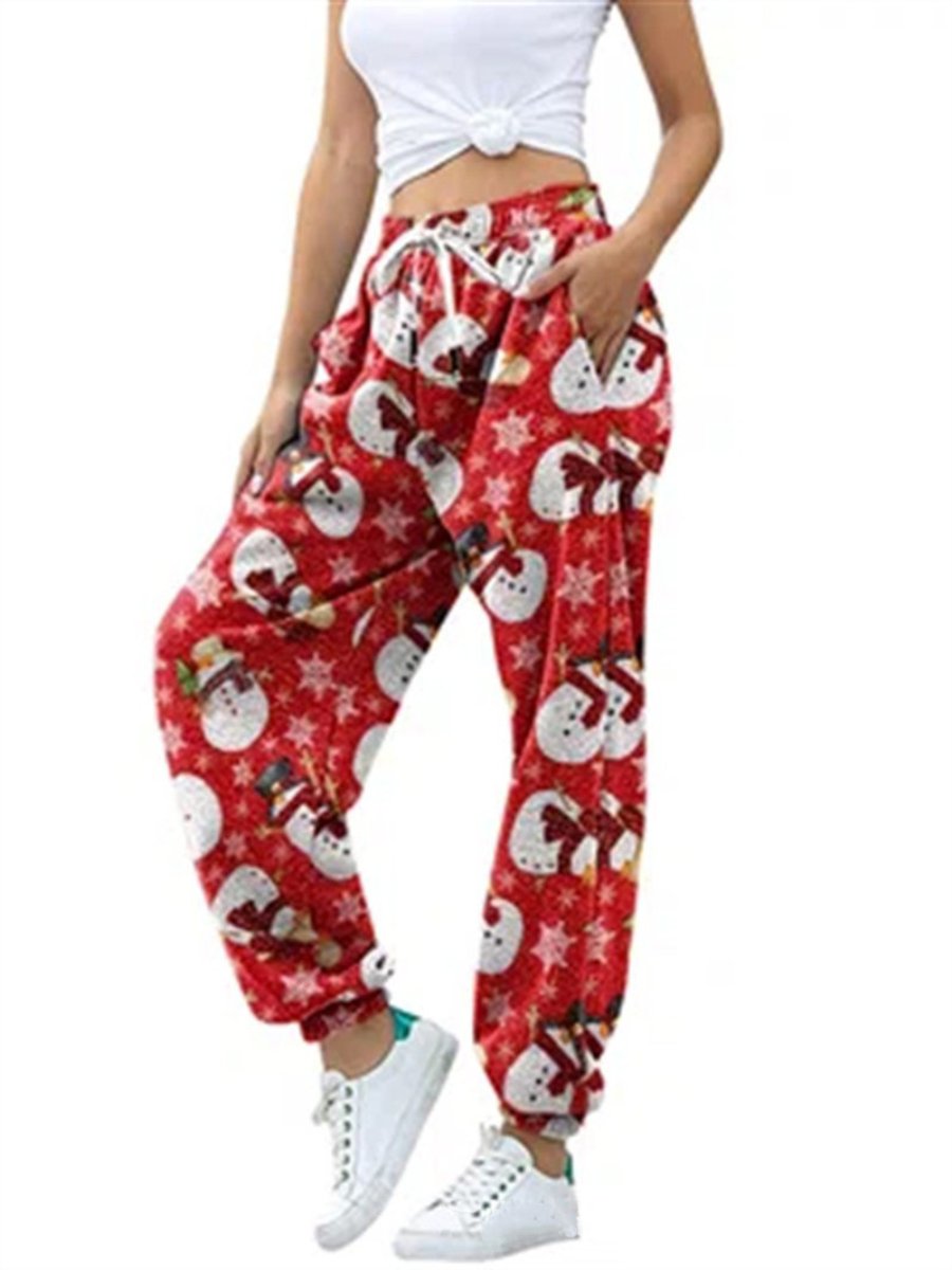 Women's Trousers Christmas Printed Elasticity Drawstring Pockets Loose Casual Pants