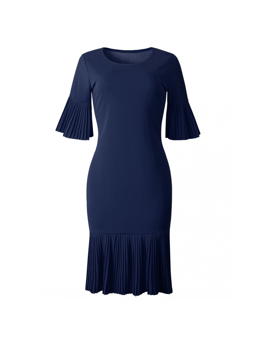 Womens Dress Pleated Details Flare Sleeve Draped Midi Dress