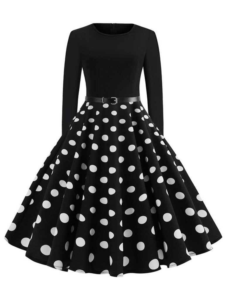 Womens Polka Dot Dress Long Sleeve Vintage Dress With Belt