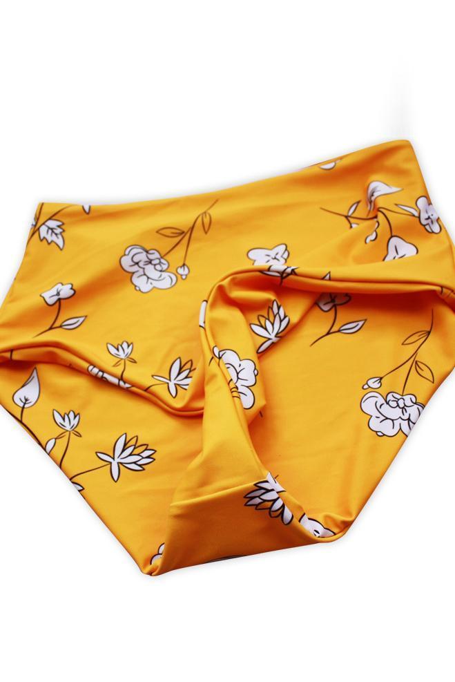 Yellow Slimming Control Floral Print Halter High Waisted Sexy Bikini Swimsuit