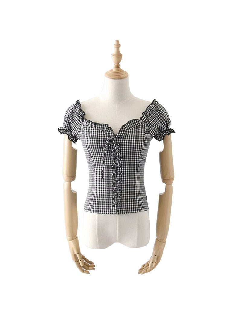 Womens Blouse Classic Plai Pattern Puff Sleeve Elegant  Top