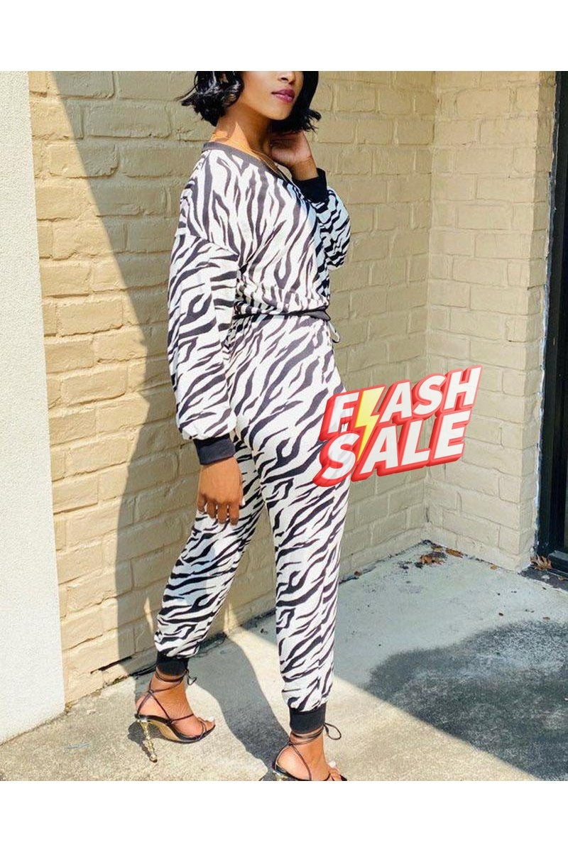 Zebra Print Drawstring Long Sleeve Top & Pants Set