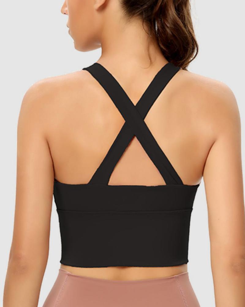 Zip Up Front Stitch Trim Cross Back Sports Tank Top