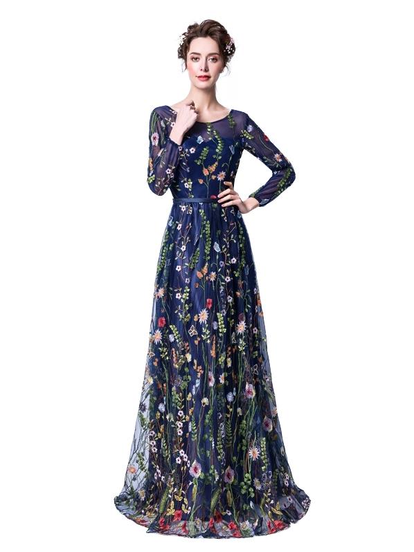 Womens Formal Dress Flowers Embroidery Long Sleeve Evening Dress