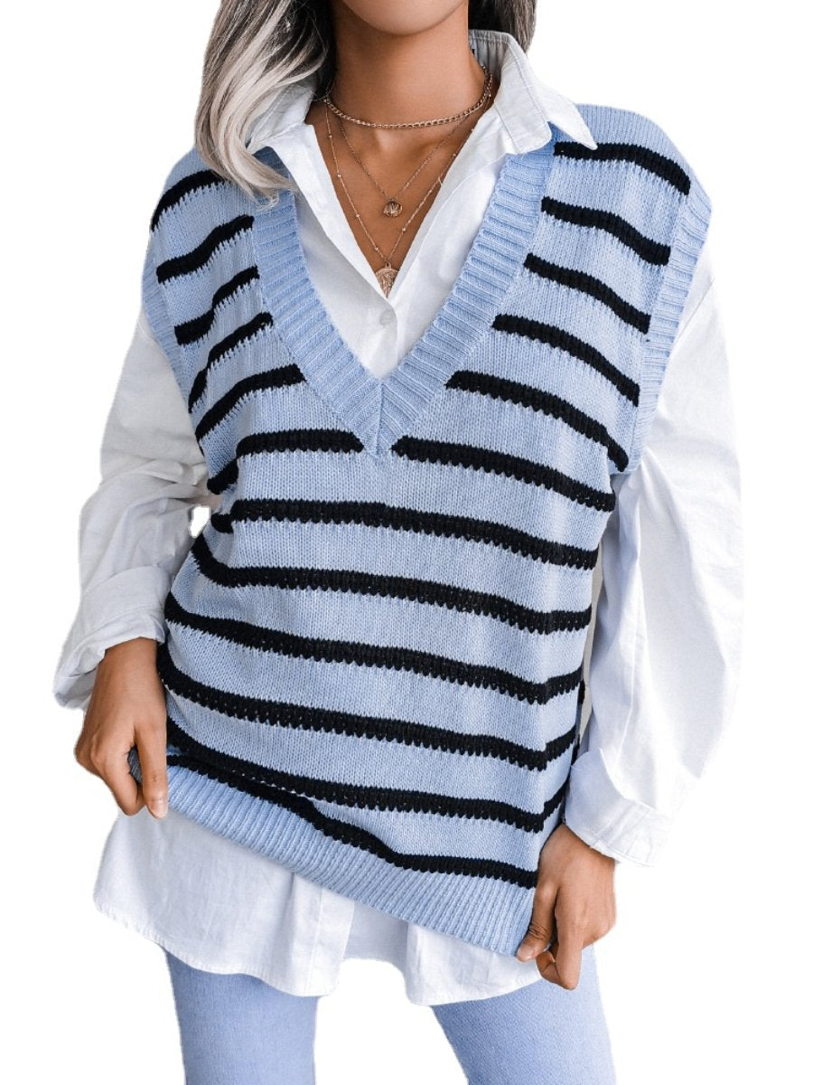 Women's Sweaters Deep V-neck Vintage Striped Pullover Casual Knitted Vest