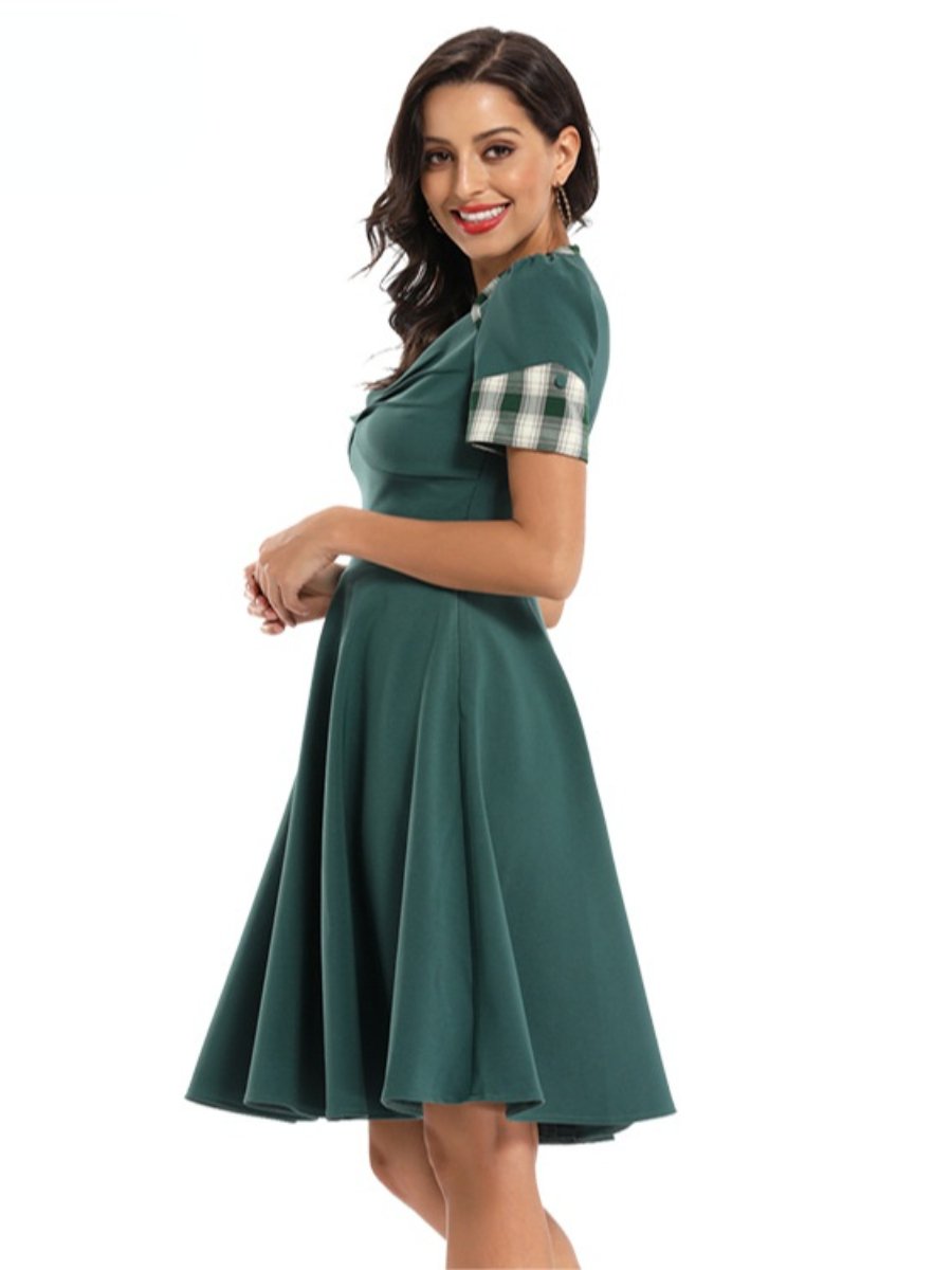 1950s Dress Deep V-neck Pleated Plaid Patchwork Sleeve Swing Dress