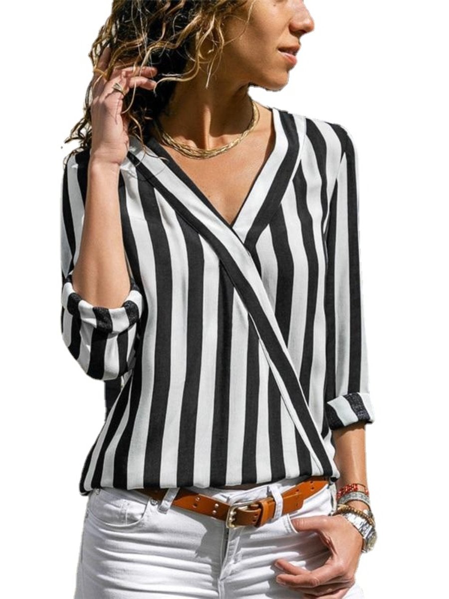 Women's Tops Loose V-neck Striped Long Sleeve Casual Bottom Down Blouse