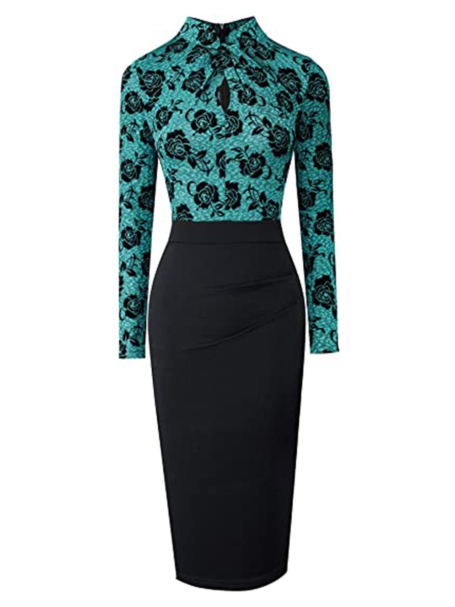 Women's Work Dress Floral Long Sleeve Hollow Out Pencil Dress