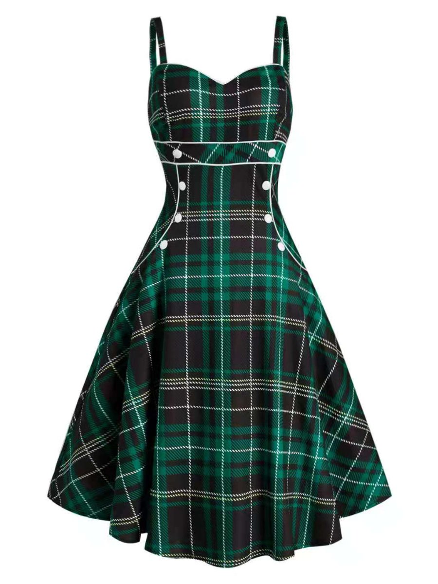 Women's Spaghetti Strap Dress Plaid Button Side Vintage Swing Dresses