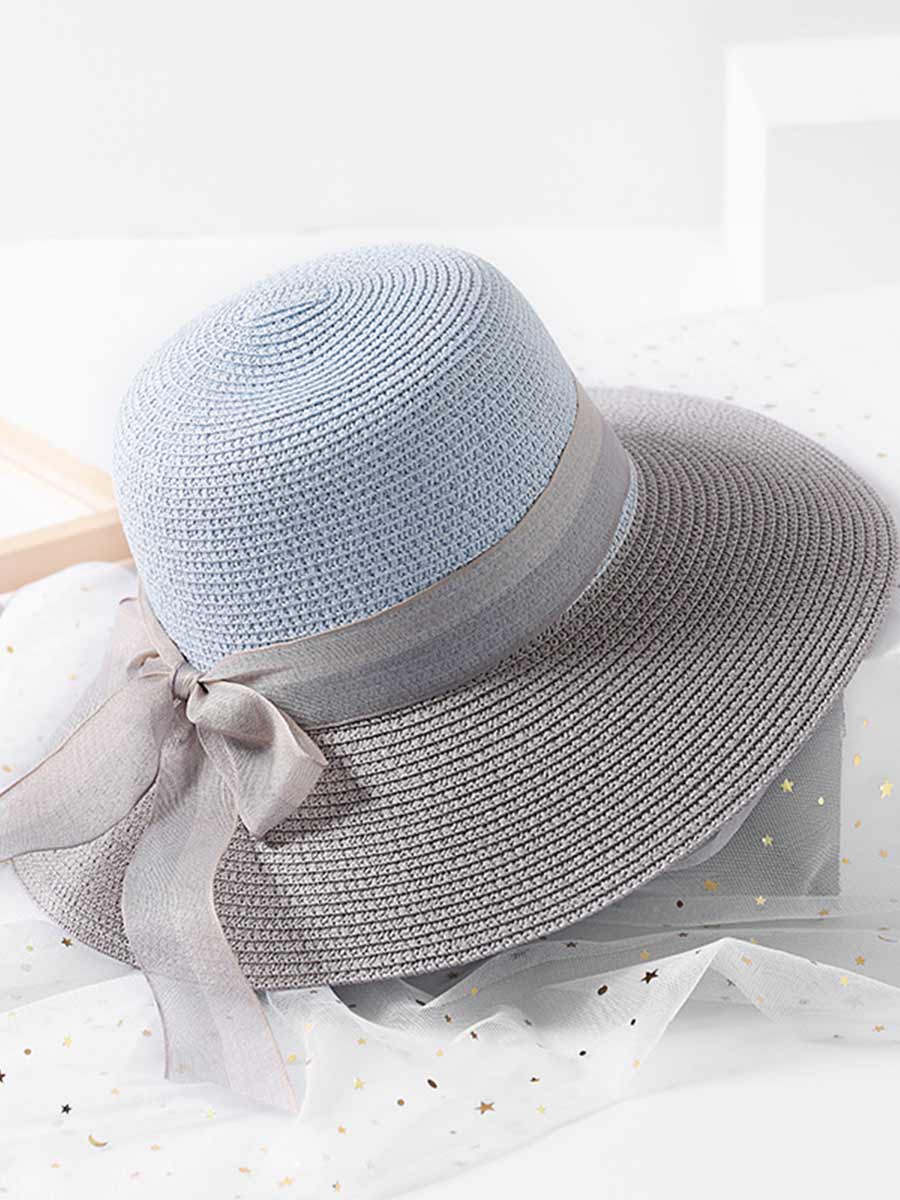 Women's Sun Straw Hats UV Protection Color Matching Ribbon Beach Travel Hats