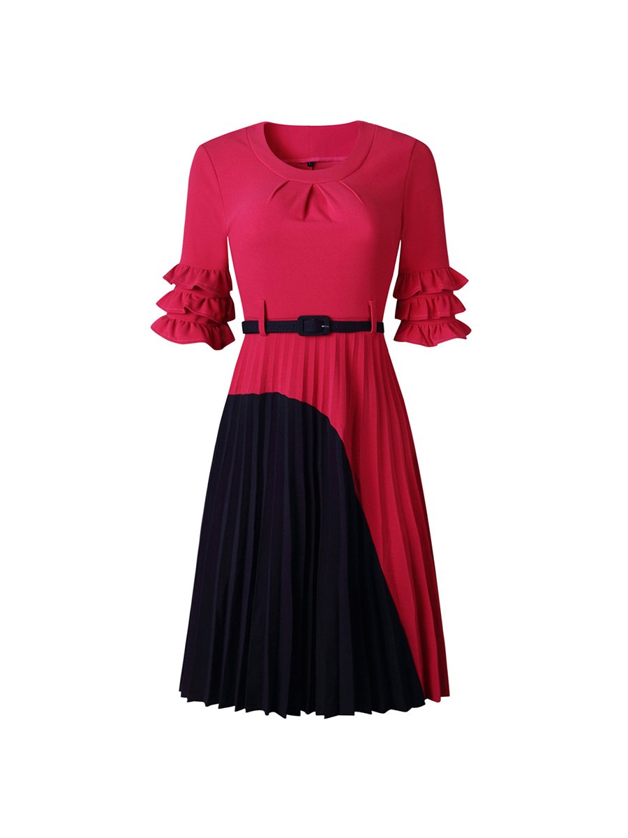 Womens Dress O-neck Contrast Color Draped  Midi Dress With Belt