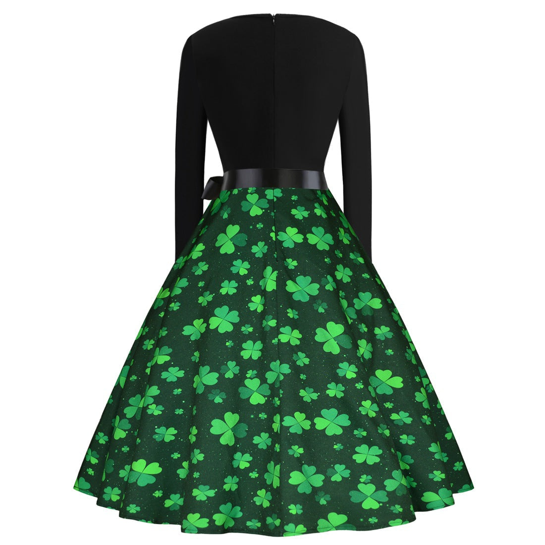 1950s Dresses Round Neck Long Sleeve Four-leaf Clover Print Bowknot Swing Dress