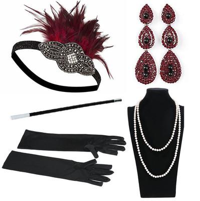 1920s Accessories Flapper Costomes Set/Feather Headband, Necklace, Gloves, Cigarette Holder&Bracelet