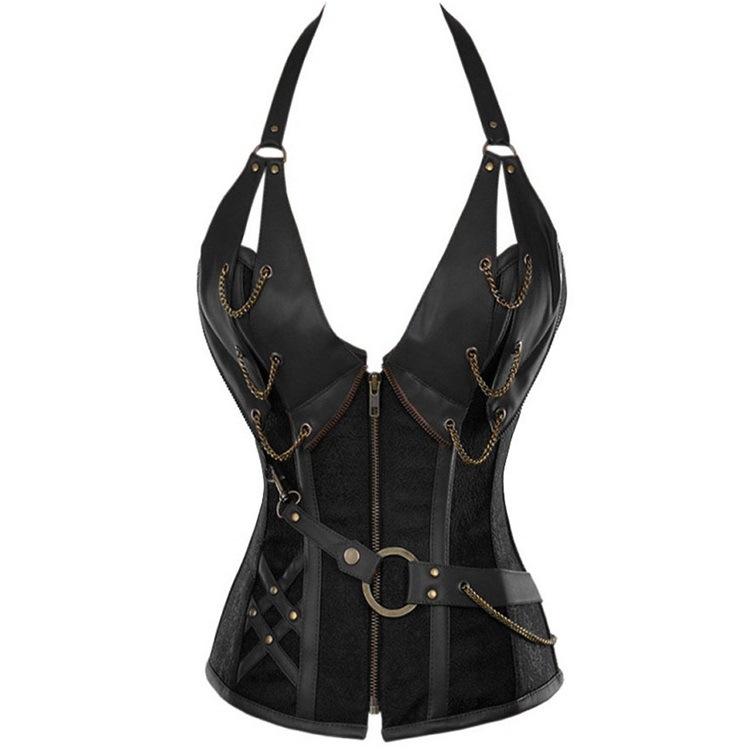 Women's Steampunk Corset Vest Halter Steel Boned Leather Corset Tops