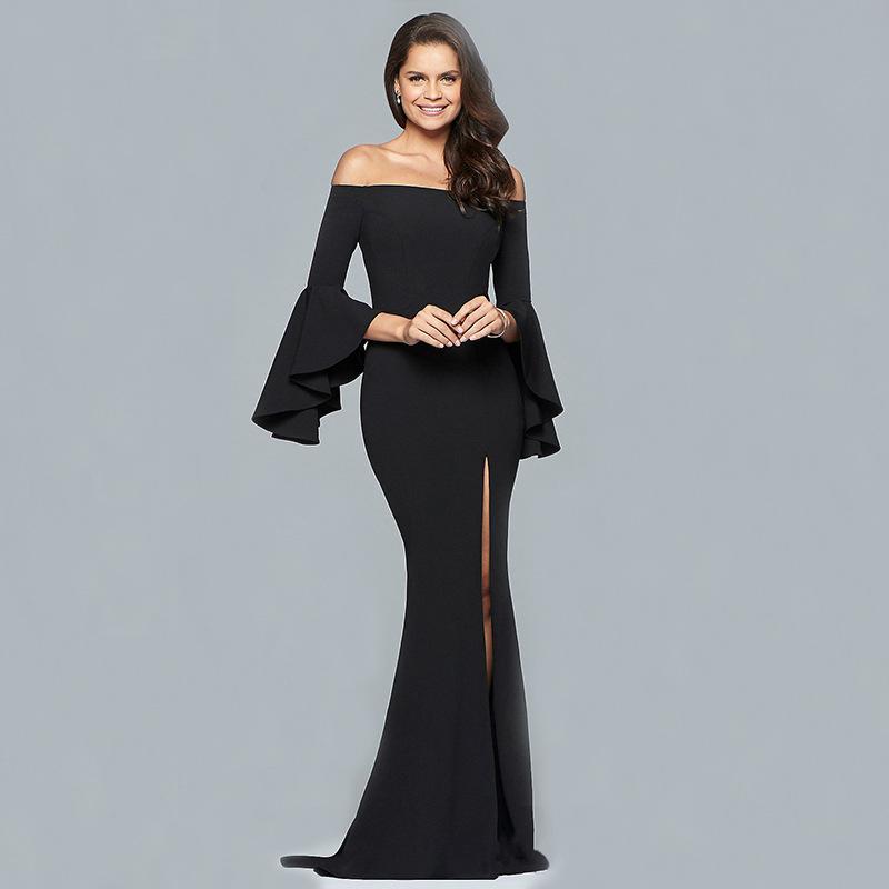 Women's Wedding Dress Off Shoulder Ruffled Sleeves Split Maxi Dress