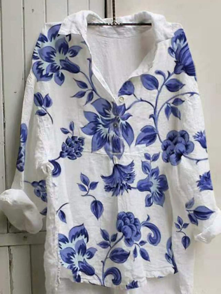 Women's Tops Floral Print Long Sleeve Shirt Collar Streetwear Plus Size Tops