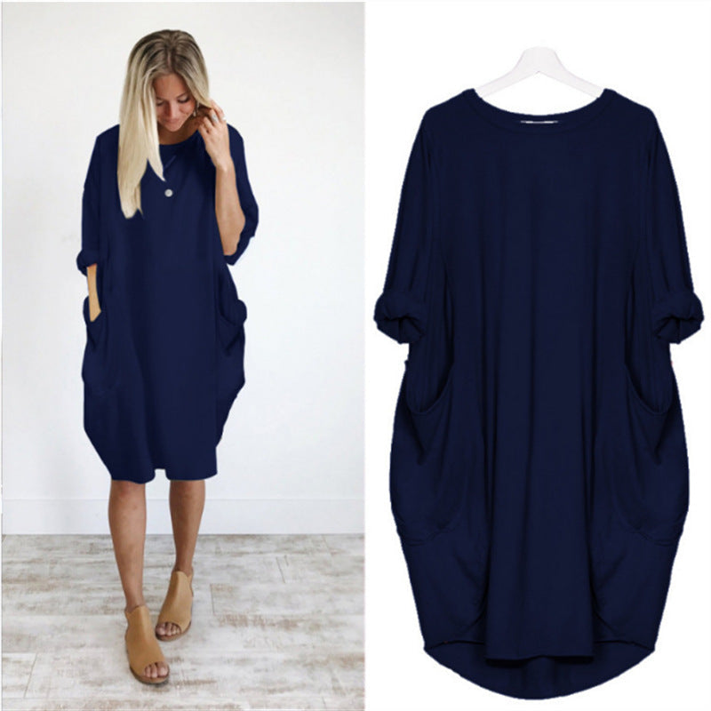 Women's Summer Dress Round Neck Pockets Midi Plus Size Dresses