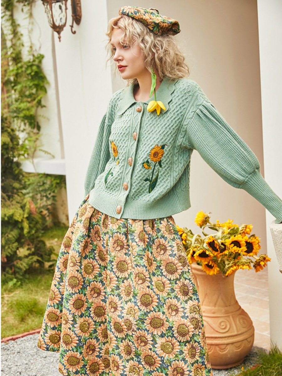 Women's Sweaters Vintage Lapel Sunflower Embroidery Puff Sleeve Knitted Sweater Cardigans