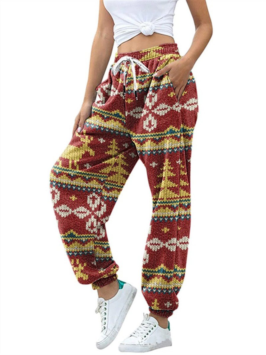 Women's Trousers Christmas Printed Elasticity Drawstring Pockets Loose Casual Pants