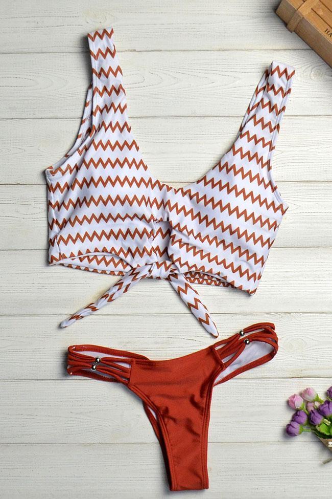 Zigzag Printed Knotted Front Crop Bikini - Two Piece Swimsuit