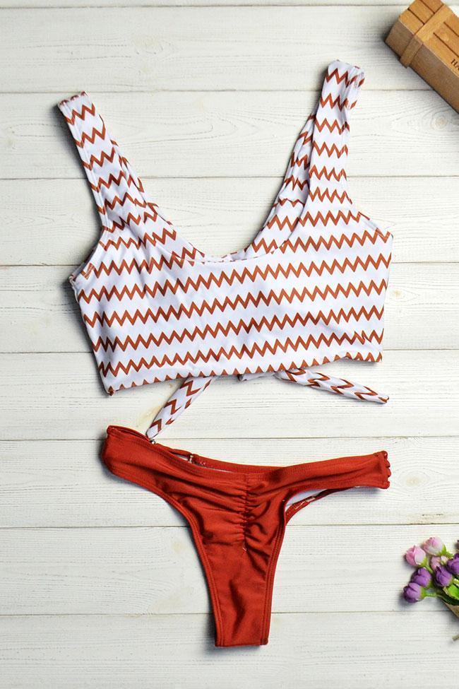 Zigzag Printed Knotted Front Crop Bikini - Two Piece Swimsuit