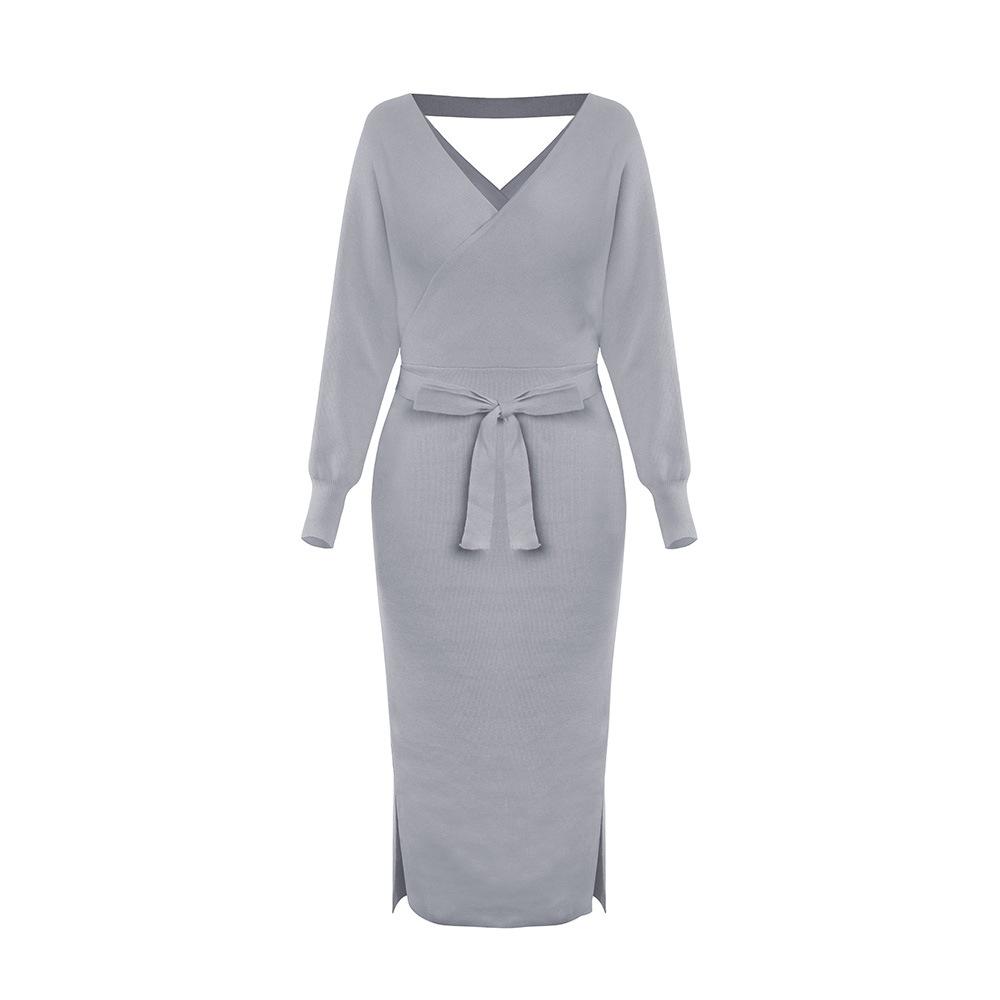 Women's Wrap Sweater Dress Batwing Sleeve V-Neck Slit Maxi Dress