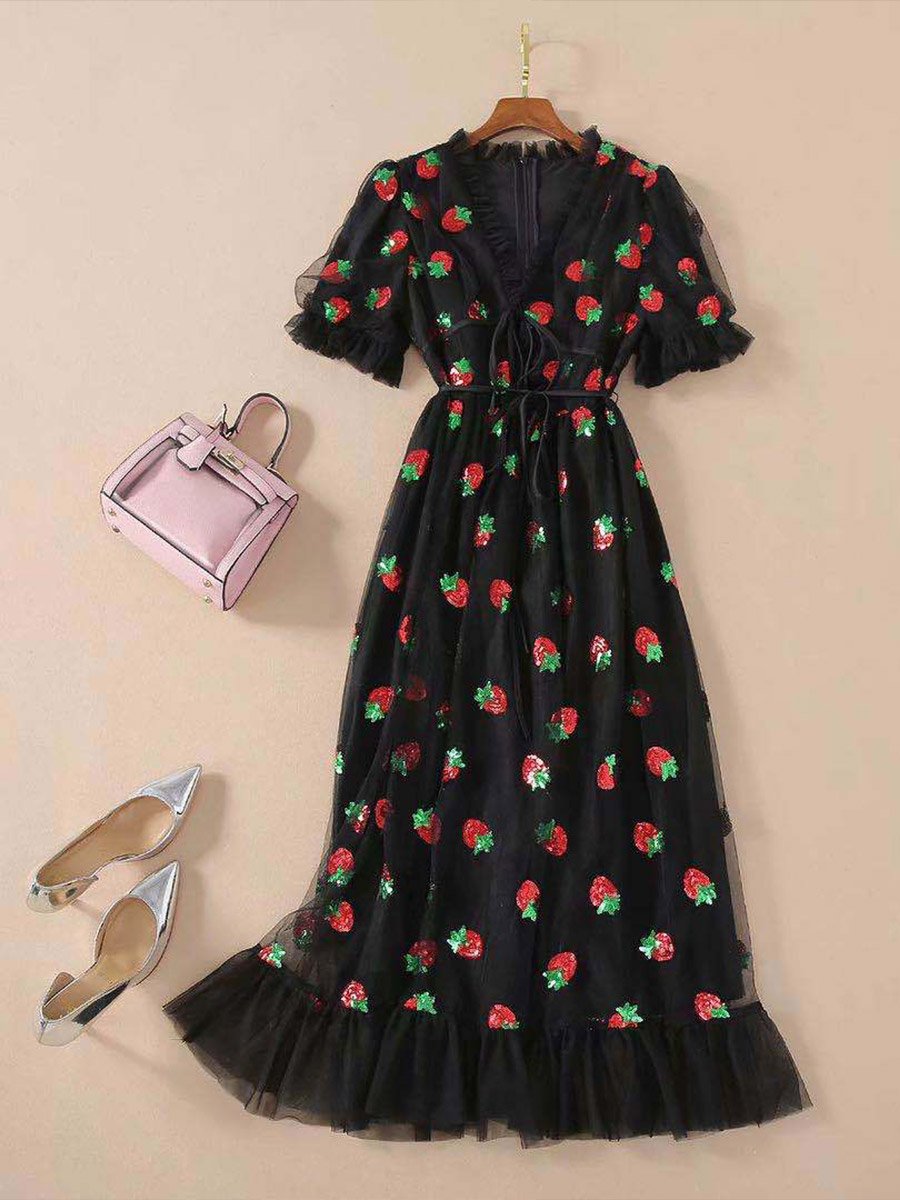 Women's Strawberry Dress Sweet Mesh Sexy V Neck Puff Sleeve Maxi Dress