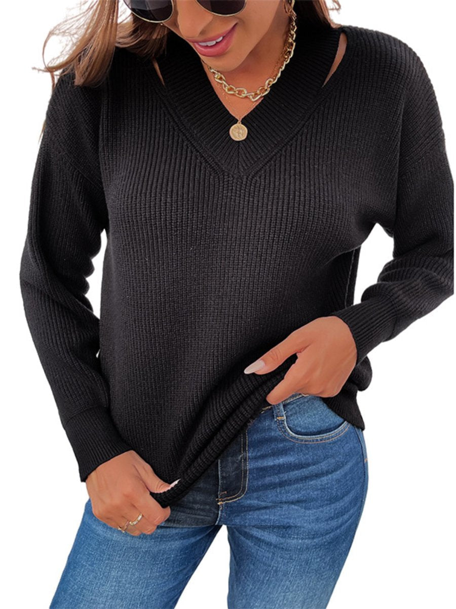 Women's Sweater Loose V-neck Hollow Solid Color Short Knitted Sweater