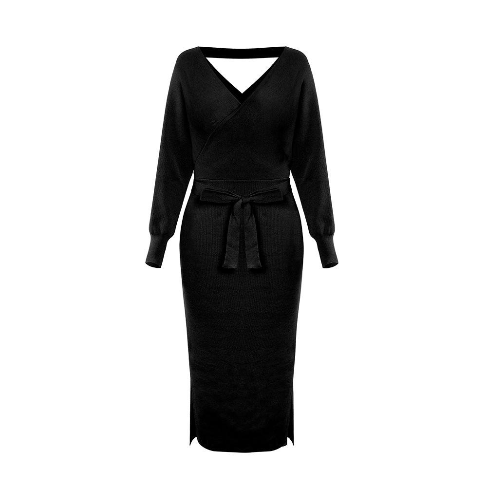 Women's Wrap Sweater Dress Batwing Sleeve V-Neck Slit Maxi Dress