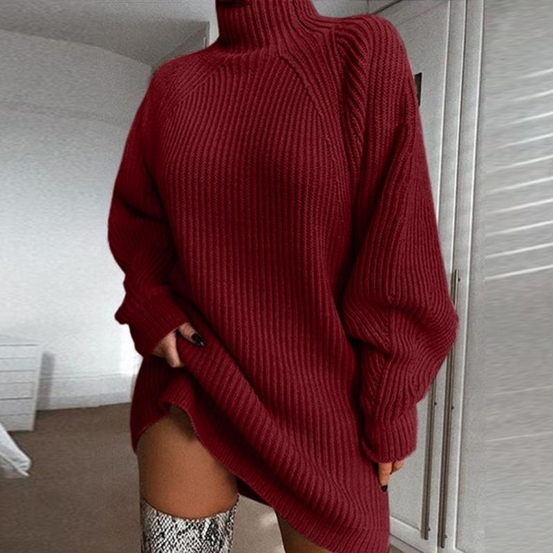 Women's Sweater Dress Mid-length Loose Raglan Sleeve Turtleneck Sweater Dress