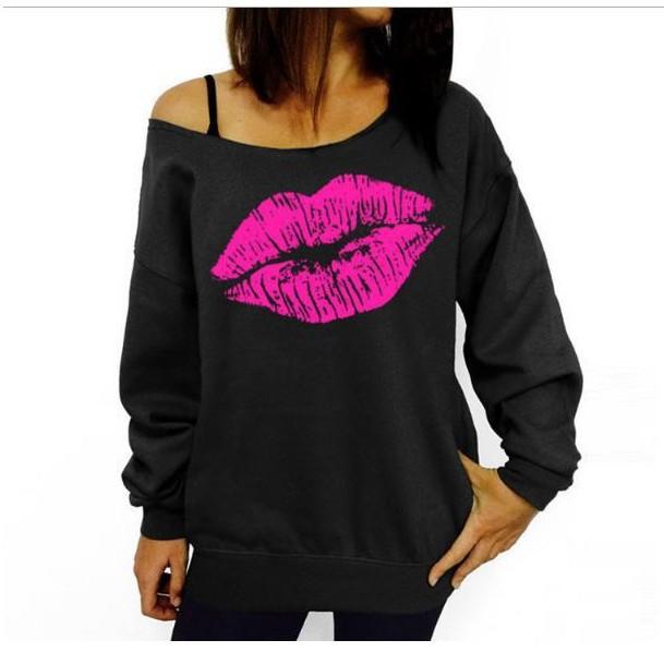 Women's Sweatshirt Lips Print Off the Shoulder Sexy Oversized Pullovers